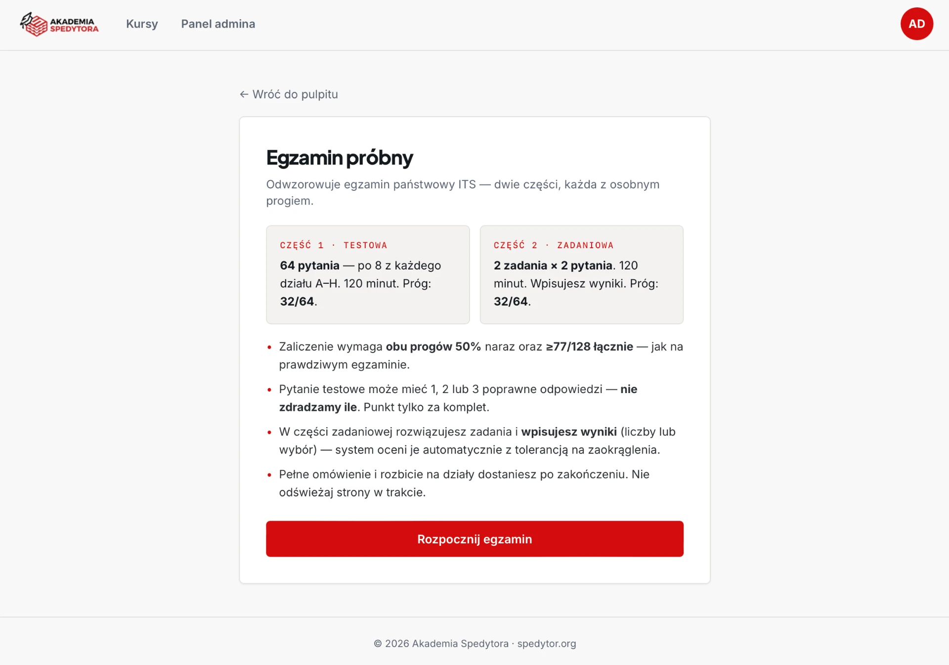 Ekran egzaminu próbnego CKZ z opisem dwóch części i progów zaliczenia