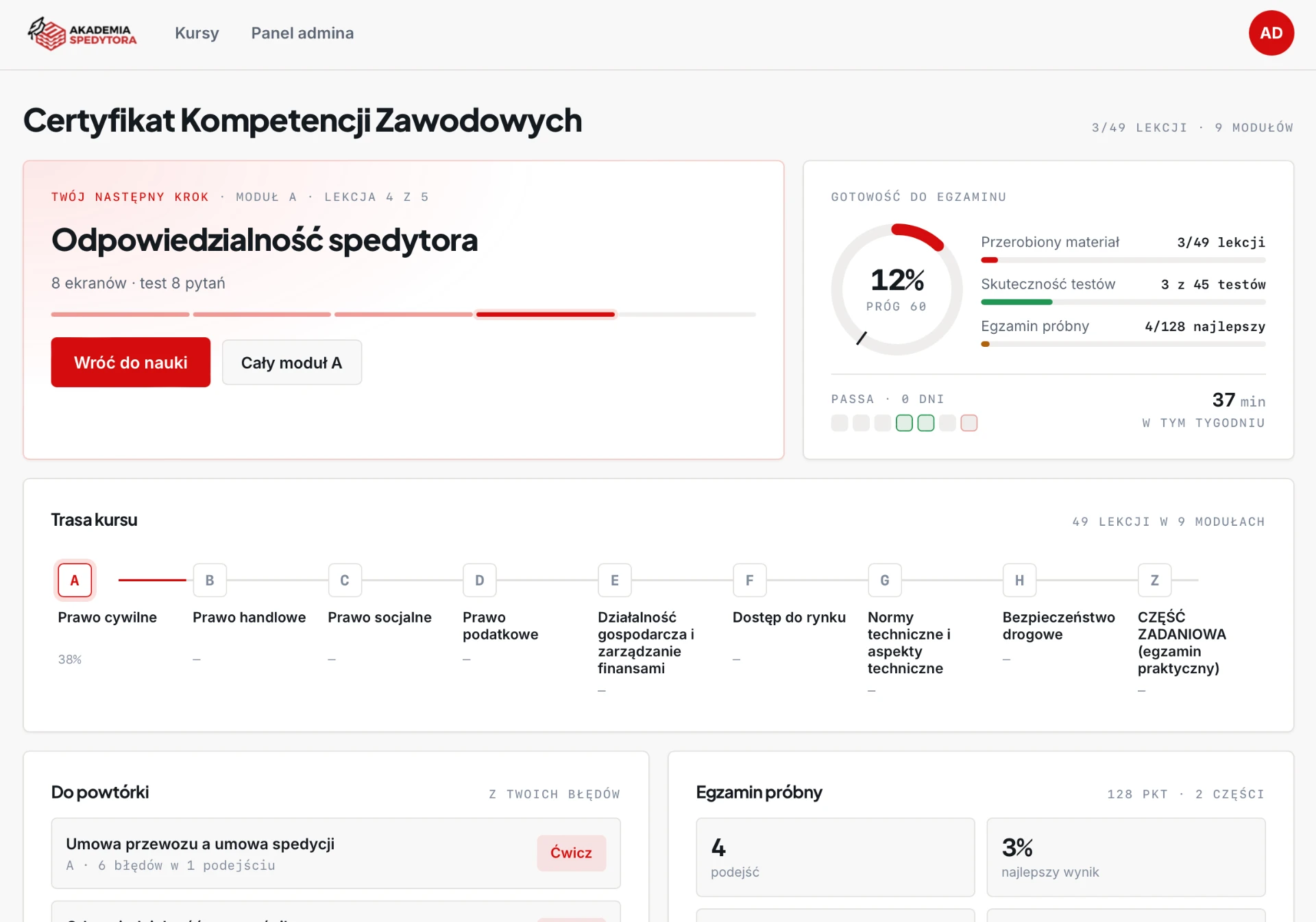 Pulpit kursu CKZ w aplikacji Akademii Spedytora — trasa kursu, gotowość do egzaminu i egzamin próbny