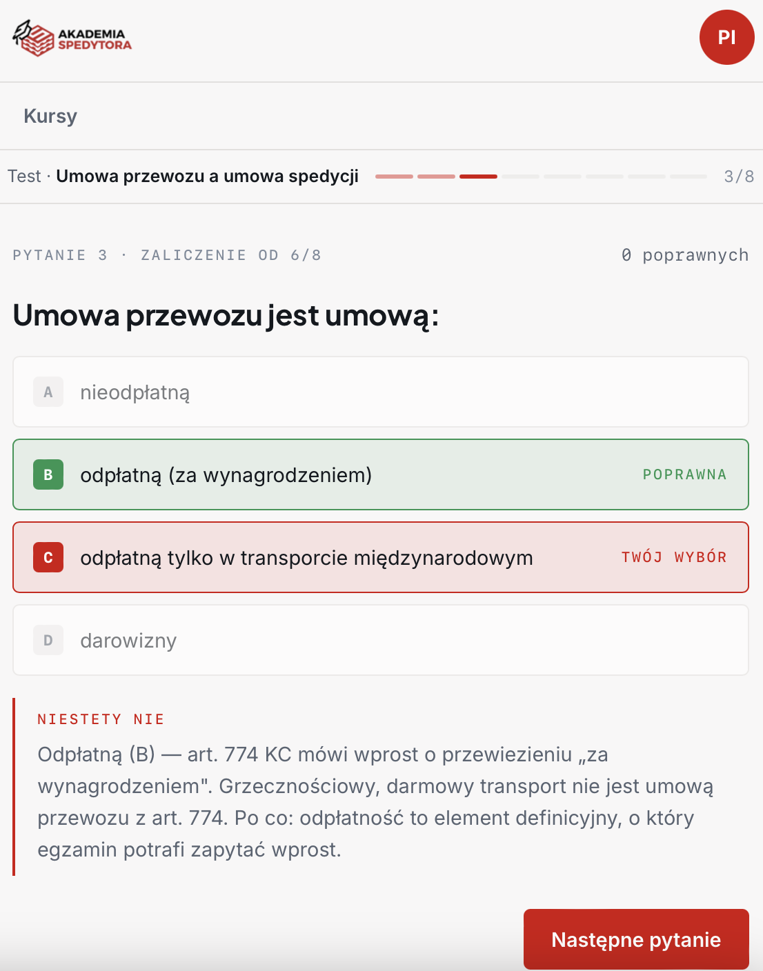 Pytanie testowe w kursie CKZ z wyjaśnieniem poprawnej odpowiedzi