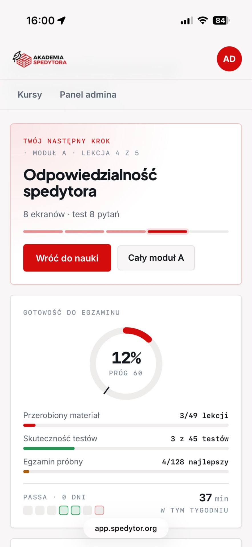 Widok mobilny kursu CKZ — nauka na telefonie