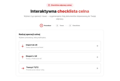Zrzut ekranu narzędzia: Checklista Odprawy Celnej
