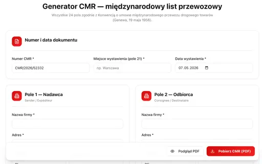 Podgląd narzędzia: CMR / List przewozowy