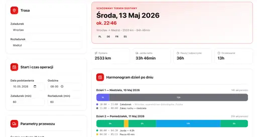 Zrzut ekranu narzędzia: Kalkulator terminu dostawy (ETA)