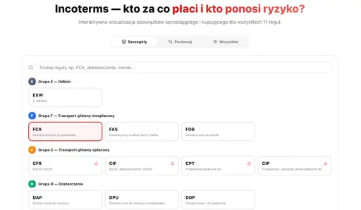 Zrzut ekranu narzędzia: Incoterms — kto za co płaci?