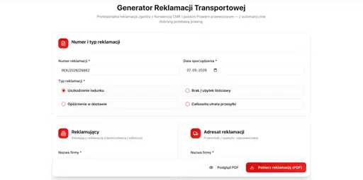 Zrzut ekranu narzędzia: Generator Reklamacji Transportowych