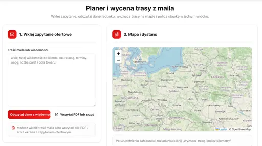 Zrzut ekranu narzędzia: Wycena i planowanie trasy transportu drogowego