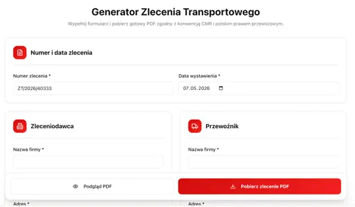 Podgląd narzędzia: Zlecenie transportowe